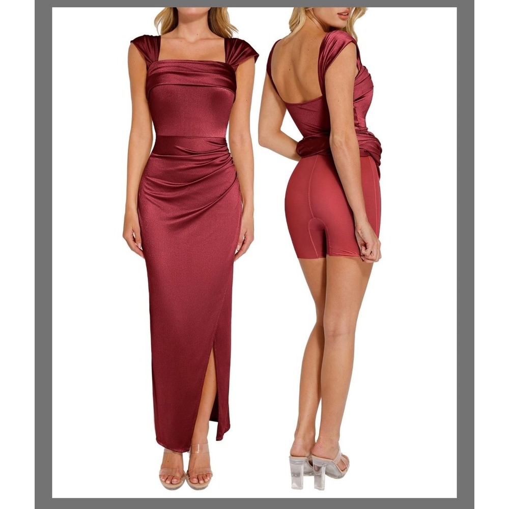 Popilush Wedding Guest Off Shoulder Shapewear Maxi Dress in Red Size L